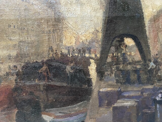 peinture sur toile représentant départ de paquebot . XX siècle .