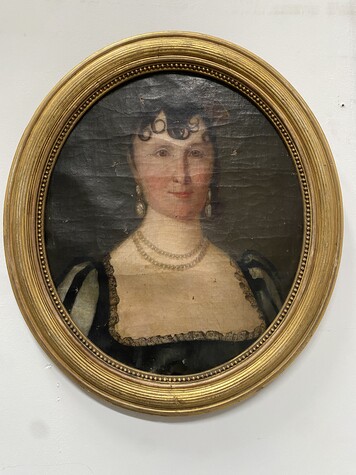  peinture sur toile représentant une élégante aristocrate . XIX siècle .