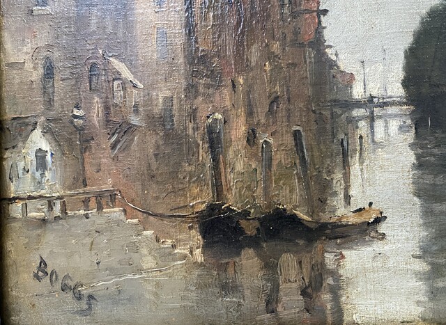 peinture vue d'un canal dans un intérieur de ville par Franck Boggs .XX siècle.