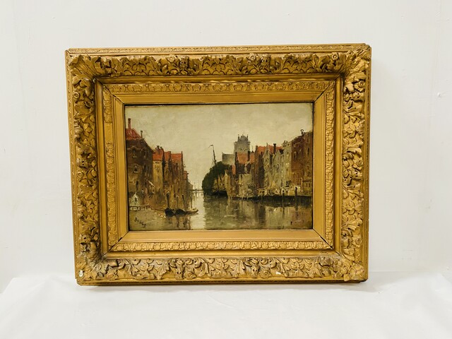 peinture vue d'un canal dans un intérieur de ville par Franck Boggs .XX siècle.