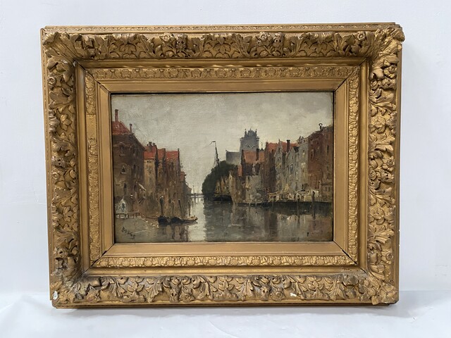 peinture vue d'un canal dans un intérieur de ville par Franck Boggs .XX siècle.