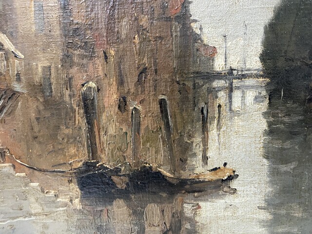 peinture vue d'un canal dans un intérieur de ville par Franck Boggs .XX siècle.