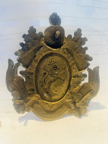 plaque lions couronné en laiton doré repoussé . XX siècle .