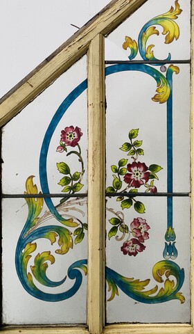 porte en verre peint art déco décor bouquet de fleurs année 1900 . XX siècle 