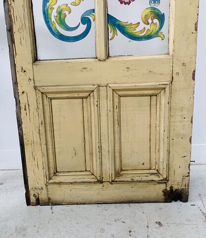 porte en verre peint art déco décor bouquet de fleurs année 1900 . XX siècle 