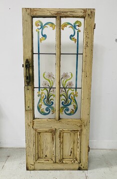 porte en vitraux art déco décor bouquet de fleurs année 1900 . XX siècle .