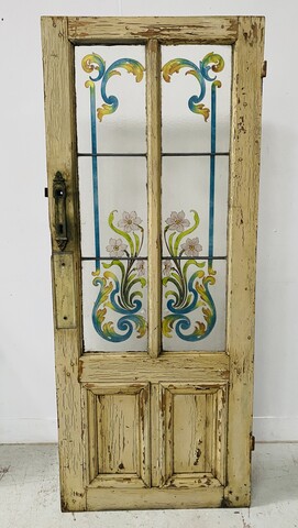 porte en vitraux art déco décor bouquet de fleurs année 1900 . XX siècle .