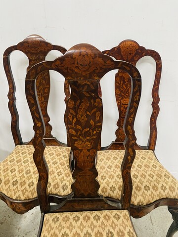 suite de huit chaises en bois marqueté de masques oiseaux vases . XIX siècle .