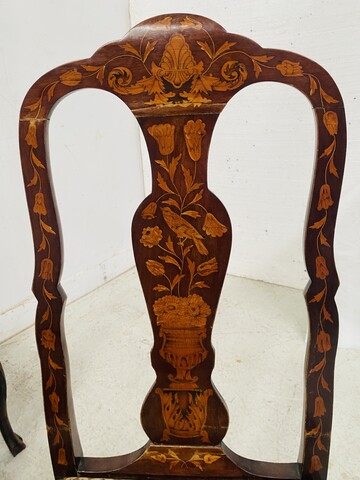 suite de huit chaises en bois marqueté de masques oiseaux vases . XIX siècle .