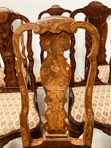 suite de huit chaises en bois marqueté de masques oiseaux vases . XIX siècle .