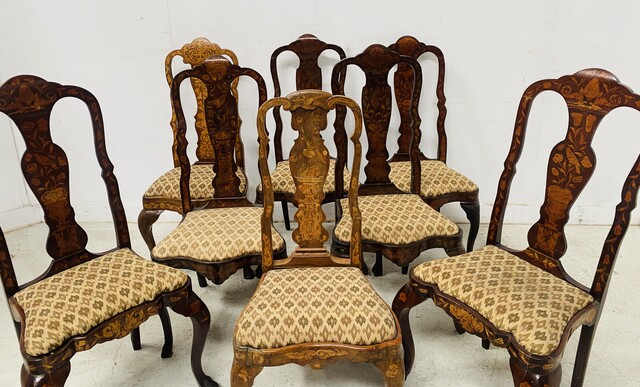 suite de huit chaises en bois marqueté de masques oiseaux vases . XIX siècle .