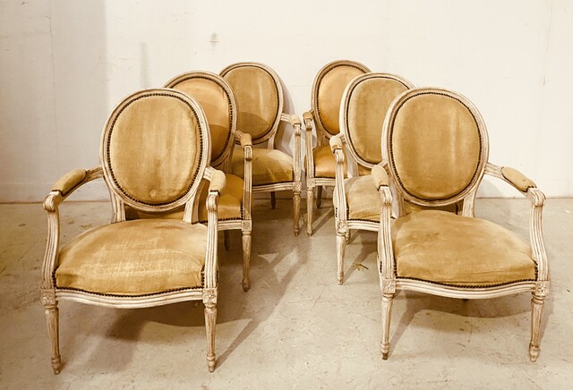 suite de six fauteuils à médaillon style Louis XVI bois patiné . XIX siècle .