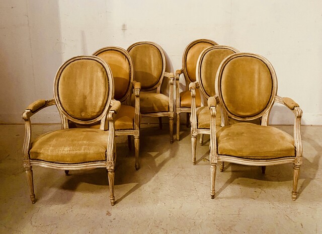 suite de six fauteuils à médaillon style Louis XVI bois patiné . XIX siècle .
