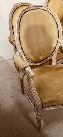 suite de six fauteuils à médaillon style Louis XVI bois patiné . XIX siècle .