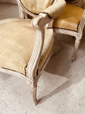 suite de six fauteuils à médaillon style Louis XVI bois patiné . XIX siècle .