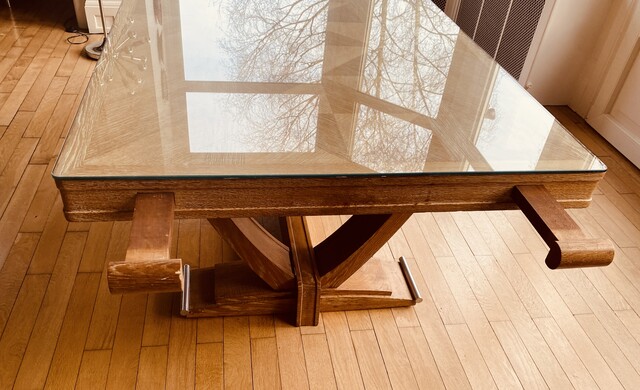 table art déco en chêne cérusé piètement base métal chrome . XX siècle .