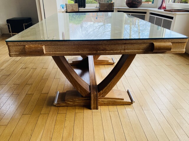 table art déco en chêne cérusé piètement base métal chrome . XX siècle .