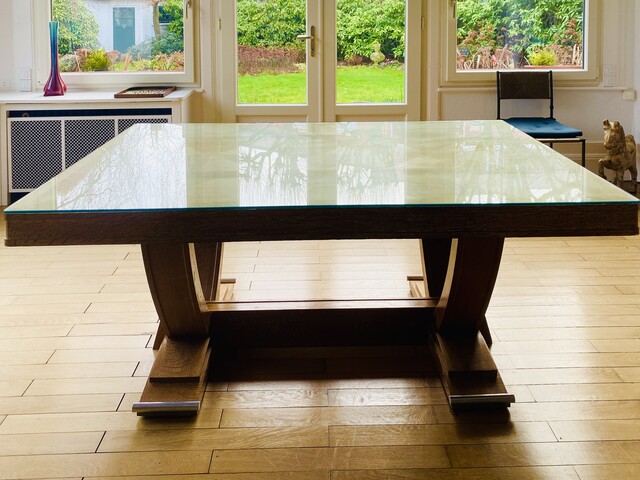 table art déco en chêne cérusé piètement base métal chrome . XX siècle .